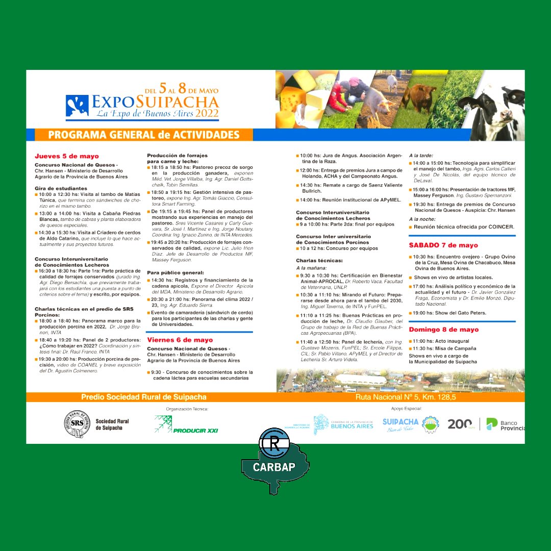 CARBAP_ARG's tweet photo. Durante este finde podés participar de #ExpoSuipacha 🙌🏼🐮
Una muestra estática y dinámica con actividades para todos los públicos.
Mira el programa 👆🏻 y seguí todas las novedades en @SRuralSuipacha
#RuralesCARBAP #ExposCARBAP https://t.co/aqXIzd79ty