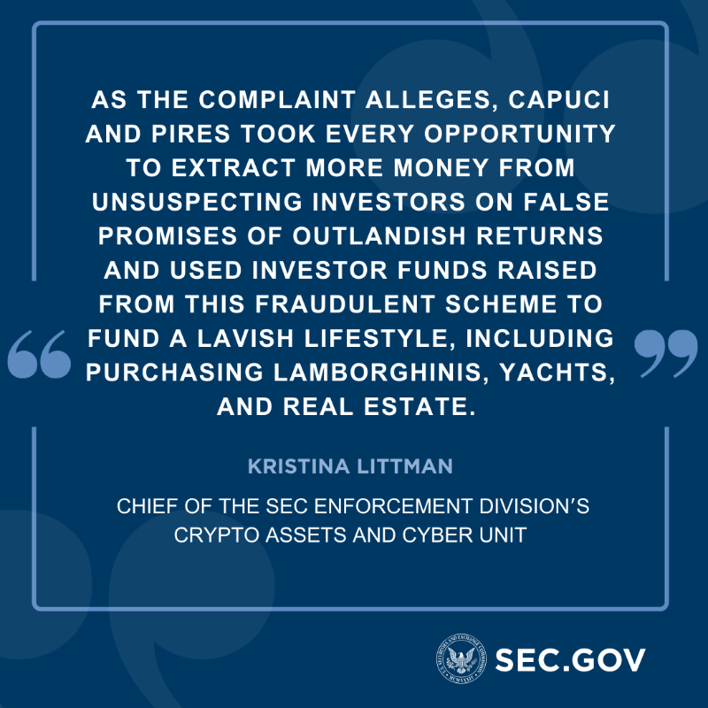 SECGov's tweet photo. Today we announced fraud charges against Mining Capital Coin Corp. and founders Luiz Carlos Capuci, Jr. and Emerson Souza Pires for selling crypto mining packages to investors with promises of significant returns, but instead using investments to fund lavish lifestyles.