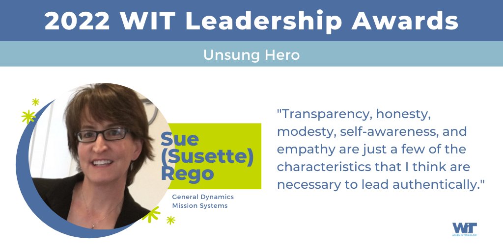 WITWomen's tweet photo. Meet Sue (Susette) Rego of General Dynamics Mission Systems, our fourth Unsung Hero finalist. #WITLA22 https://t.co/rHFY1Ex7Nx