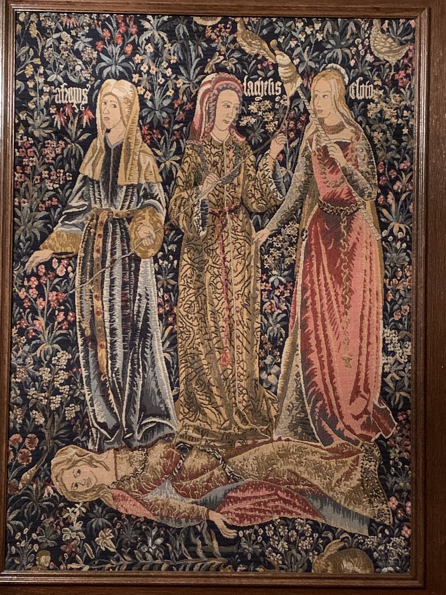 jomckenziehicks's tweet photo. So it turns out this tapestry in my living room isn’t called #girlpolitics as I assumed - It’s a reproduction of a tapestry of #thethreefates on display at the #victoriaandalbertmuseum. Who knew? #clotho #lachesis #atropos https://t.co/DhToeQu5oi