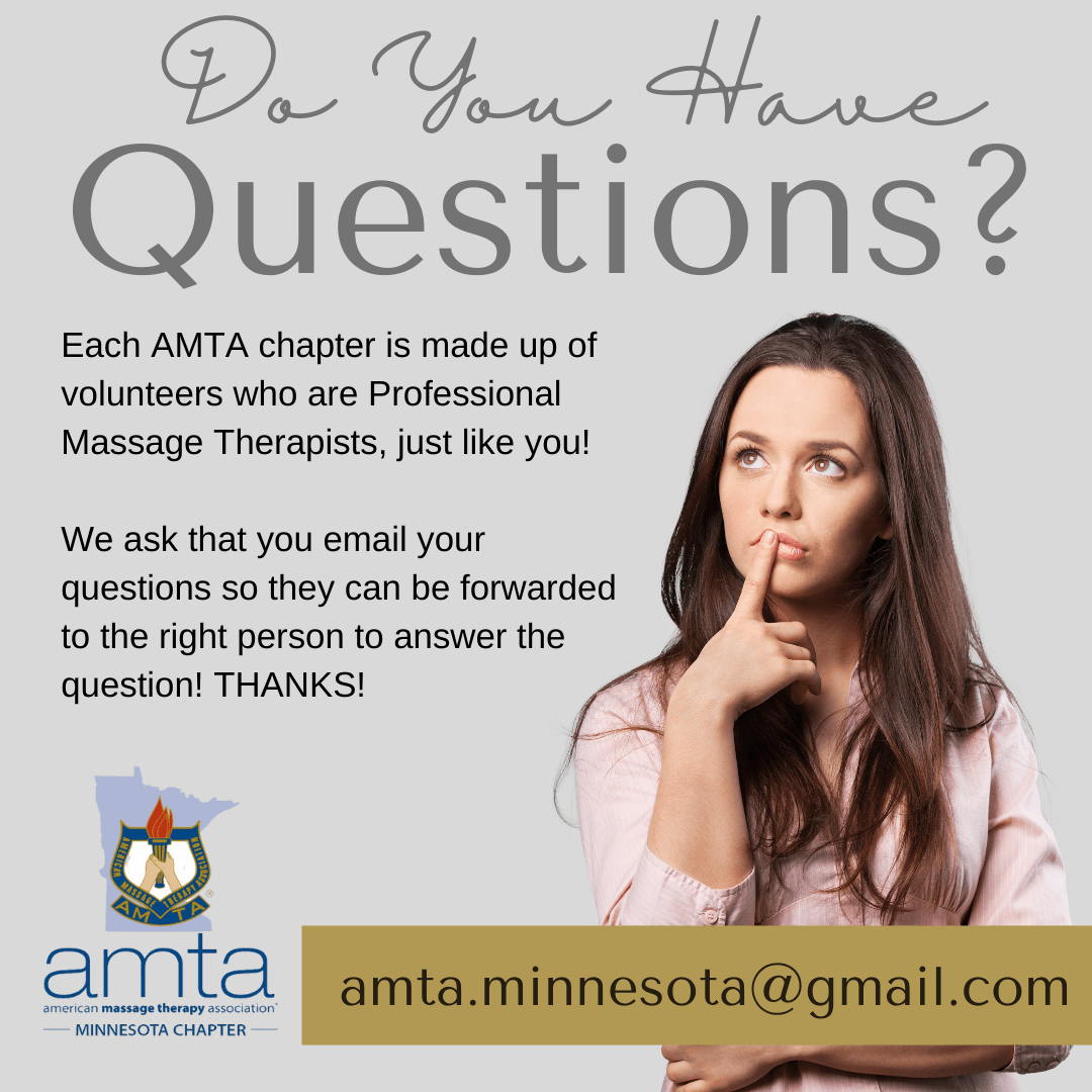 AMTAMinnesota's tweet photo. Do you have questions about Government Relations, Education, or Membership? 

Contact us at Amta.minnesota@gmail.com https://t.co/lRfvc5VRUW