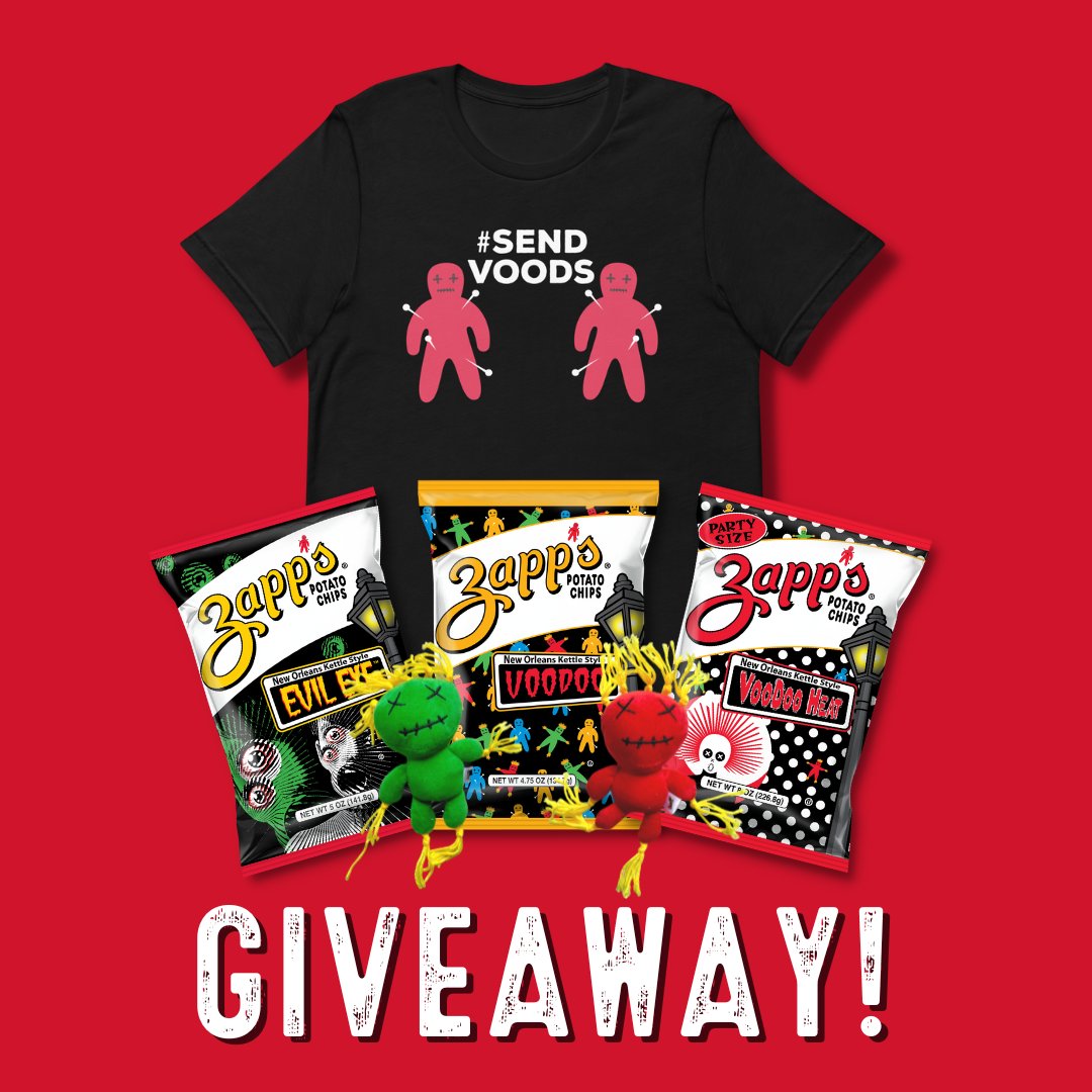 ZappsChips's tweet photo. 🚨 FRIDAY FLASH GIVEAWAY! 🚨 New month, new chance to win the ultimate pack of your Zapp's favorites including our limited edition #SendVoods shirt. To enter: 

🔥 Follow @ZappsChips on Twitter
🔥 Like and Retweet this post 
🔥 Comment who you'd share your Voods with! https://t.co/u7qKfU8wtC