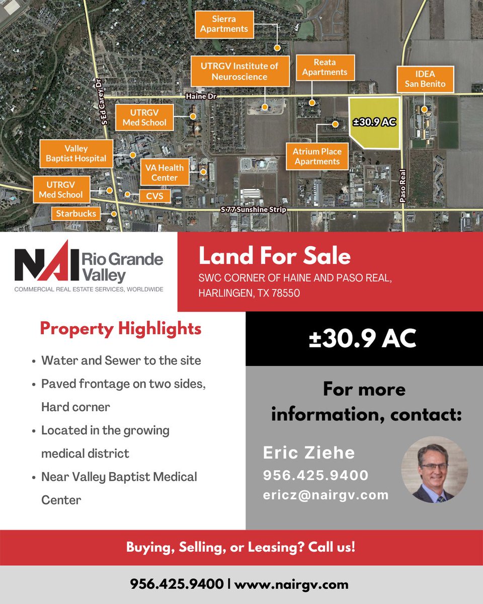 nairgv's tweet photo. LAND FOR SALE | This ±30.9-acre property located on Haine Dr. and Paso Real has water and sewer to the site and paved frontage on Haine Dr and Paso Real (FM 509). 

For more information, contact Eric Ziehe (956) 425-9400 https://t.co/6dfM1ZFBiG