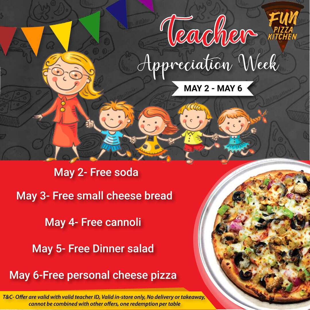 Funpizzakitchen's tweet photo. Today is the final day of Teacher Appreciation Week.
Don't miss out the opportunity to join us!!
.
#ThankATeacher #TeacherAppreciationWeek #Teachers #PTO #PTA #school #Joinus #funpizzakitchen #thecolony #texas https://t.co/zQcWOJnBbo