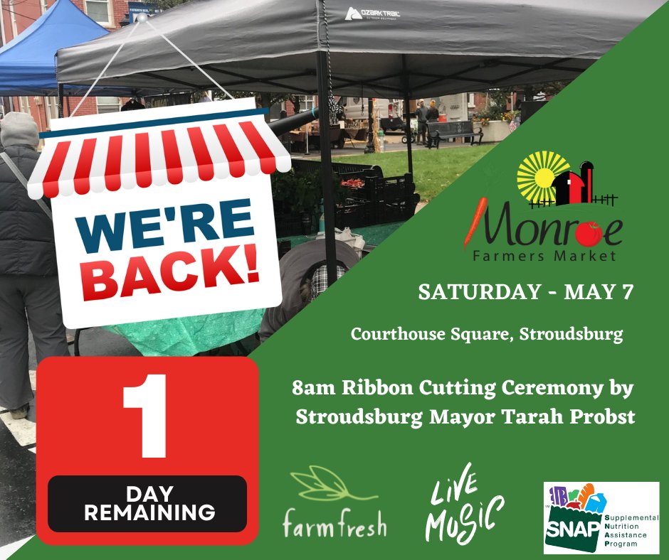 MonroFarmMarket's tweet photo. We are back in less than 24 hours! Rain ☔ or shine 🌞 we will see you tomorrow 😀! 
Join us for our ribbon cutting ceremony at 8am! 

#OpeningDay #MonroeFarmersMarket #FamilyOwned #Farming #MonroeCountyPA #Poconos #FarmersMarket #BuyLocal #SupportSmallBusinesses #FarmToTable ... https://t.co/kUXCTwMqri