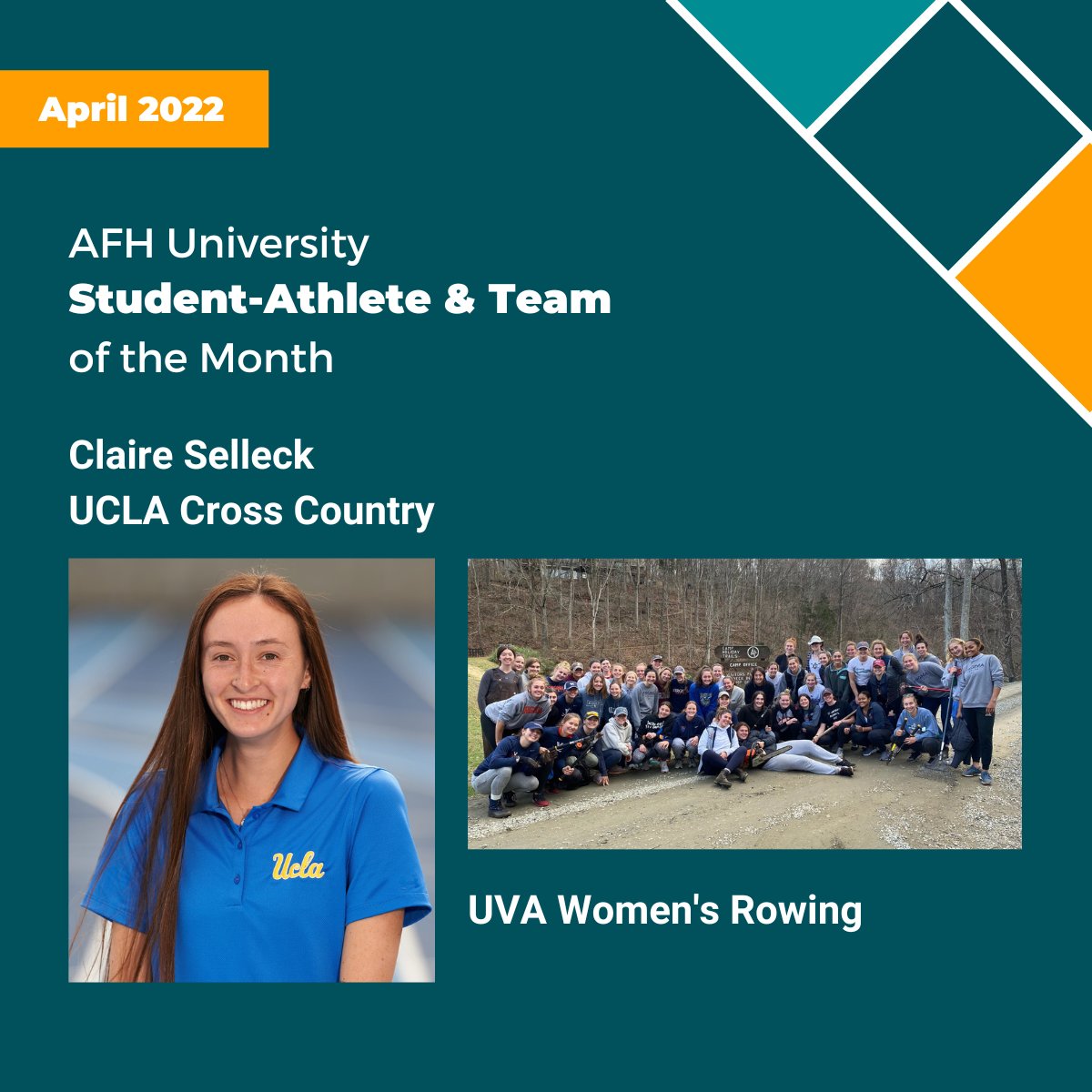 AthletesForHope's tweet photo. Congratulations to our April #AFHUniversity Student-Athlete and Team of the month: Claire Selleck of @UCLAXC and @UVARowing!
Stay tuned for our national voting campaign to select the Student-Athlete and Team of the Year! 🎉 https://t.co/8RF3VoAtDk