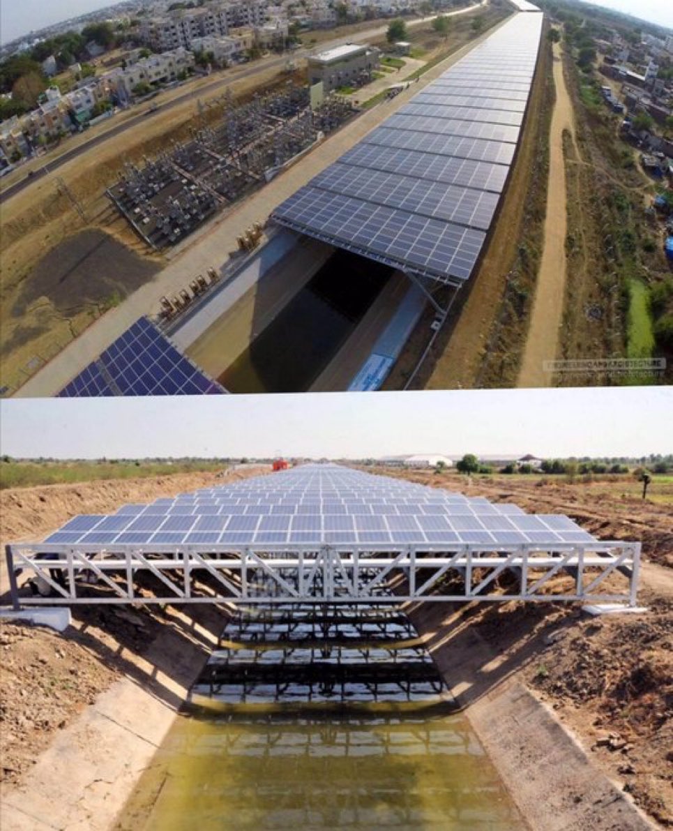 easygeography's tweet photo. Innovation in India - So they are installing solar panels above canals to generate energy but it also reduces water evaporation to preserve water and it reduces the temperature of the solar panels to increase their efficiency - Genius #geography #geographyteacher #ClimateCrisis https://t.co/cYvJIs0DBA