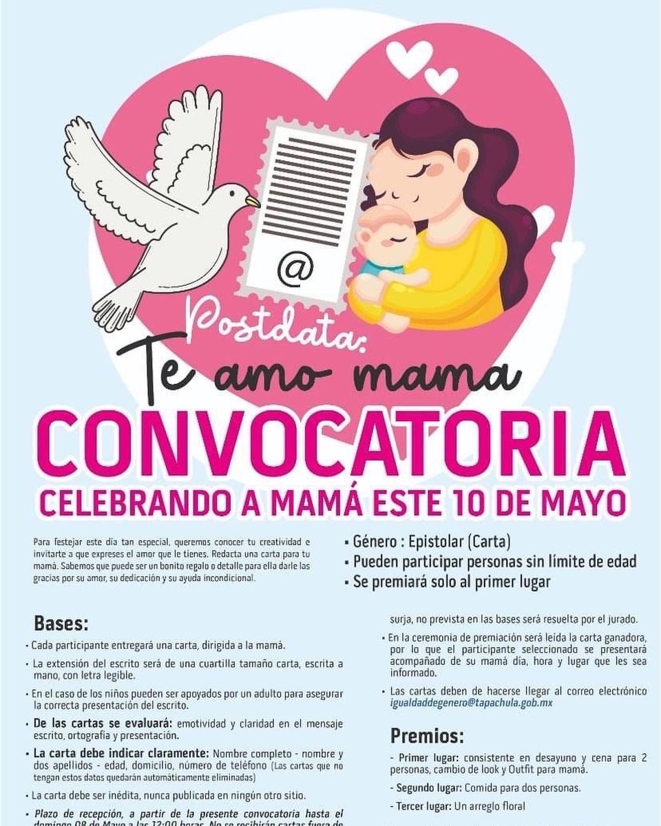 RosyUrbinaTap's tweet photo. Celebremos con todo nuestro amor y cariño a las mamás en su día, te invito a conocer y participar en las convocatorias de los concursos #PostDataTeAmo y #BellyPaint para que unidos digamos a una sola voz: ¡Felicidades Mamá! 

#TapachulaAvanza 🫶🏻
#DíaDeLasMadres 👩‍👧‍👧💓 https://t.co/0Nne3Vyg0h