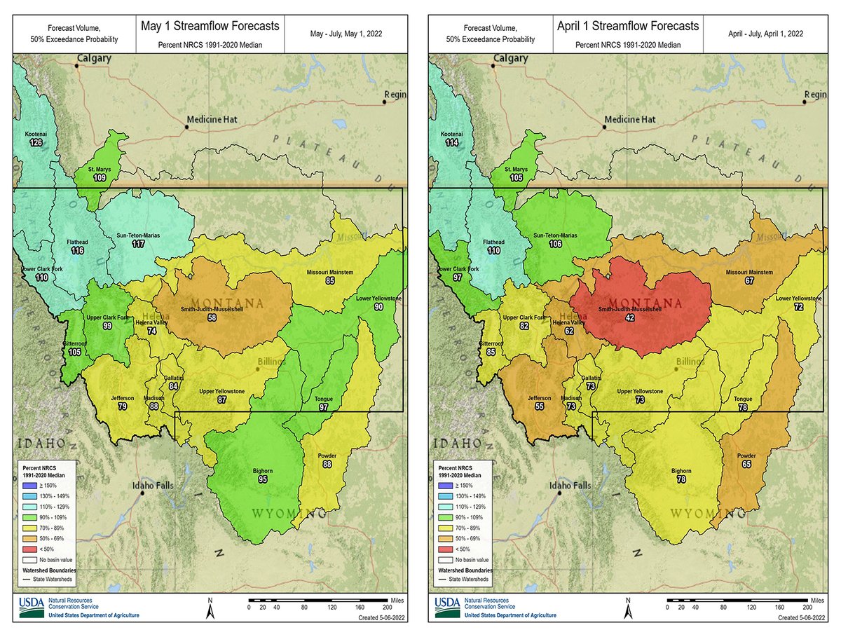 NRCS_MT's tweet photo. Forecasted #streamflows in many river basins across Montana improved after April precipitation. However, it was not enough for mountain #snowpack to fully recover. More cool, wet weather is needed. See the monthly #WaterSupply Outlook Report. #MTwx → https://t.co/3o2RjQonI8 https://t.co/V0EywCv883
