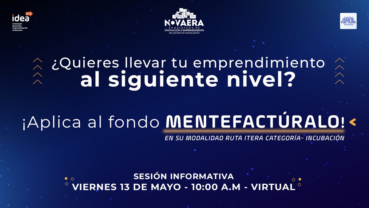 ¿Quieres incubar tu idea de negocio?

¡Aplica al 𝗙𝗼𝗻𝗱𝗼 𝗠𝗲𝗻𝘁𝗲𝗳𝗮𝗰𝘁𝘂́𝗿𝗮𝗹𝗼 en su modalidad 𝗥𝘂𝘁𝗮 𝗶𝗧𝗲𝗿𝗮 𝗰𝗮𝘁𝗲𝗴𝗼𝗿í𝗮- 𝗜𝗻𝗰𝘂𝗯𝗮𝗰𝗶𝗼́𝗻! 

Regístrate aquí: buff.ly/3KQ1bN4
📆 Viernes 13 de Mayo
⏰ 10:00 Hrs. 
Modalidad: Virtual 
#Novaera