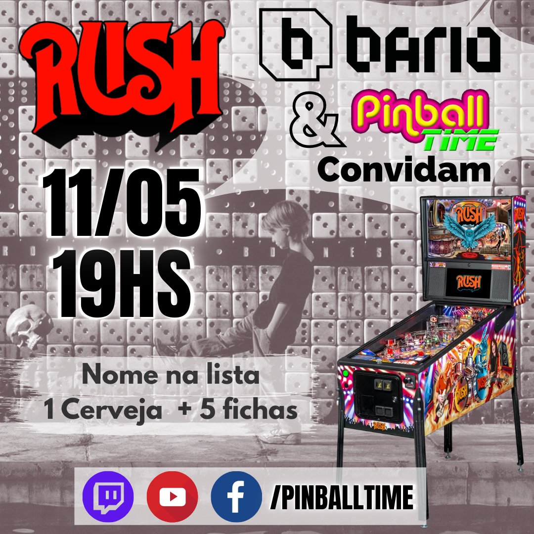 pinballtime's tweet photo. Dia 11/05 às 19hs! Live especial de lançamento! RUSH, último lançamento da @sternpinballinc .
O Bario Bar fica na rua Coropé 41 em São Paulo!
Não consegue ir, assista em:
https://t.co/g1h09W6l4x 
https://t.co/23OP1HV0eW
https://t.co/EcYLXTYW5q 
#pinball #rush #rushgameplay https://t.co/6AWGBKSq4j