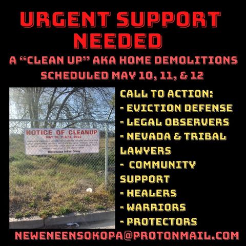 LvLiberation's tweet photo. ⚠ LAND DEFENDERS NEEDED IN WINNEMUCCA ⚠

Please share so we can reach as many folks who are able to show up as is possible.  There is a scheduled eviction of elders followed by a demolition of their homes just a few days from now.  More info in 4th photo. https://t.co/gSDgDmXZ41