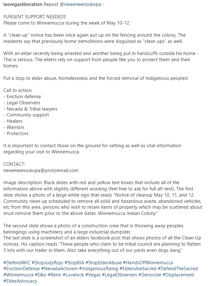 LvLiberation's tweet photo. ⚠ LAND DEFENDERS NEEDED IN WINNEMUCCA ⚠

Please share so we can reach as many folks who are able to show up as is possible.  There is a scheduled eviction of elders followed by a demolition of their homes just a few days from now.  More info in 4th photo. https://t.co/gSDgDmXZ41