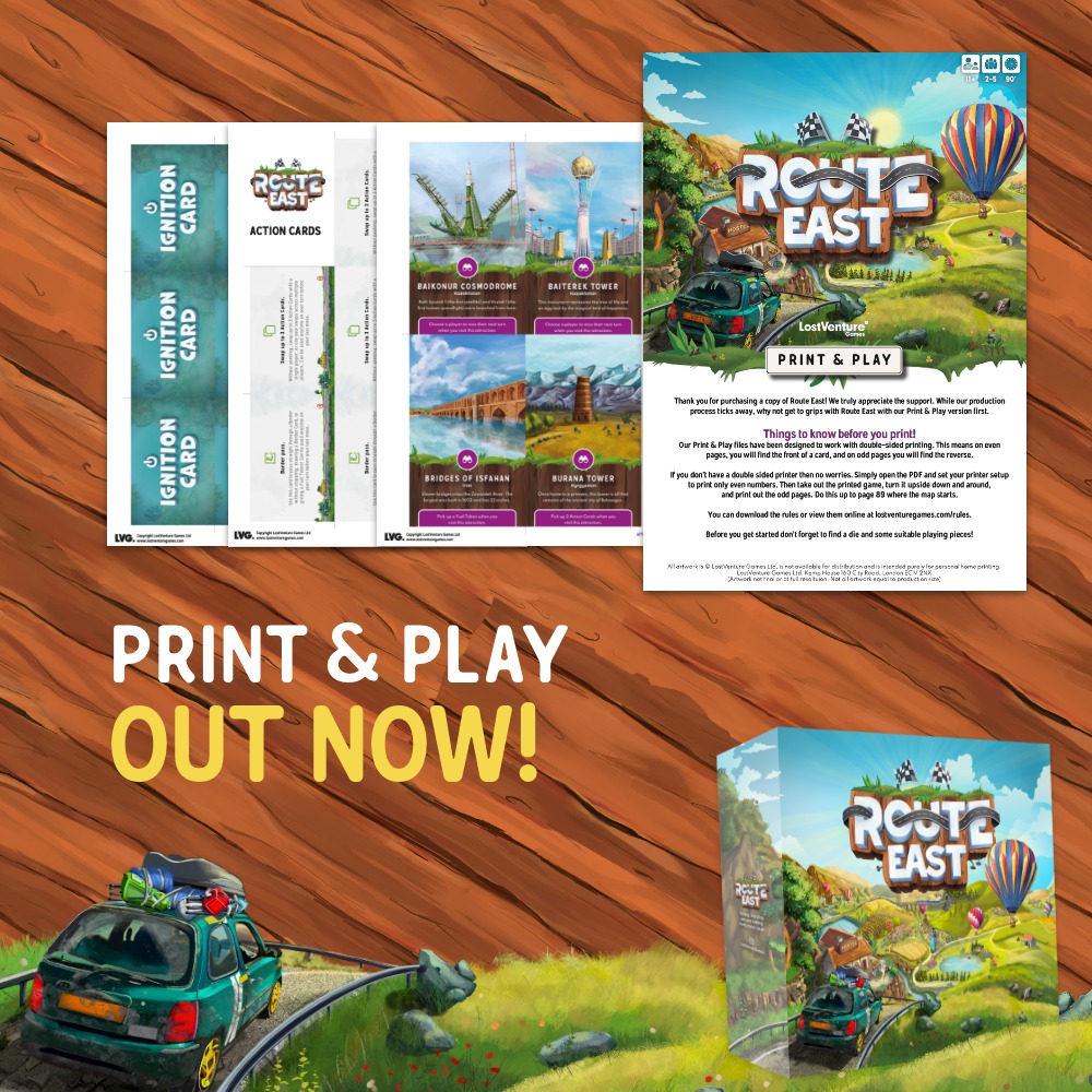 Print &amp; Play files have now been dispatched to all physical backers of Route East (check your inboxes)!

Anyone who pre-orders the game will also receive Print &amp; Play files via BackerKit within 24 hours of their order!

Don’t forget to tag us in your photos playing the game!