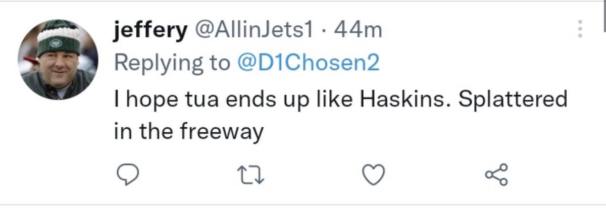 I_am_BiG_NiCk's tweet photo. This is disgusting, we can be fans and not agree but to tarnish Haskins name and wish death on Tua is fucked up! Jets Fans please go get this guy and Dolphins Twitter you know what to do! #FinsUp https://t.co/gOUJ0TbAVo