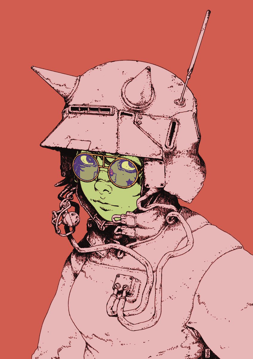 solo 1girl helmet red background green skin simple background glasses  illustration images