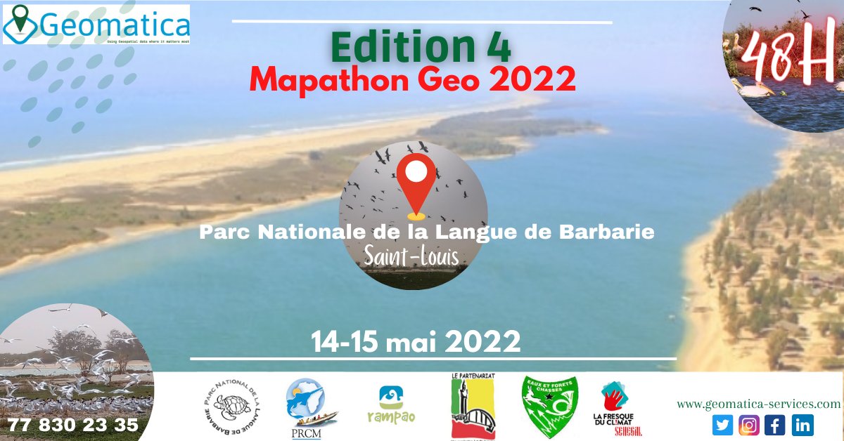 🗓️Jour j-8
#Mapathon48H #Edition4
📢Rendez-vous du 14 au 15 mai 2022 au parc national de la langue de Barbarie de Saint-Louis🤗

Ensemble pour la conservation de la biodiversité.

#geomatica #biodiversite #Senegal #BiodiversityDay