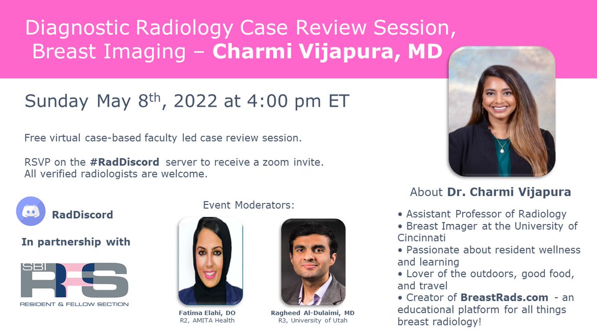 Get ready for our second high-yield breast imaging case review session featuring @CharmiMD in collaboration with @RadDiscord on Sunday, May 8, 2022 at 4pm ET. RSVP on #RadDiscord or join here: discord.gg/BG8H4Xj5ak