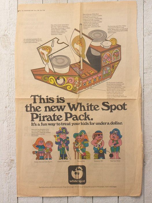 THEPEAK's tweet photo. My bud @scottloudoun spotted this classic @White_Spot ad.

1974: when a pirate pack cost just ONE chocolate gold coin. Incredible. - @CharisHogg &amp; @Jeremy_Baker https://t.co/RhefAEohbj