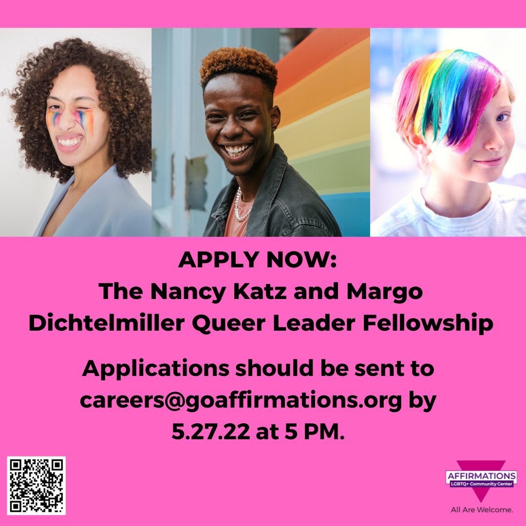 Affirmations (@goaffirmations) on Twitter photo The Nancy Katz and Margo Dichtelmiller Queer Leader Fellowship promotes and highlights future leaders in the LGBTQ+ community and the awarded Fellow will design and pilot a program at Affirmations. Applications should be submitted to careers@goaffirmations.org by 5.27.22. The Nancy Katz and Margo Dichtelmiller Queer Leader Fellowship promotes and highlights future leaders in the LGBTQ+ community and the awarded Fellow will design and pilot a program at Affirmations. Applications should be submitted to careers@goaffirmations.org by 5.27.22.