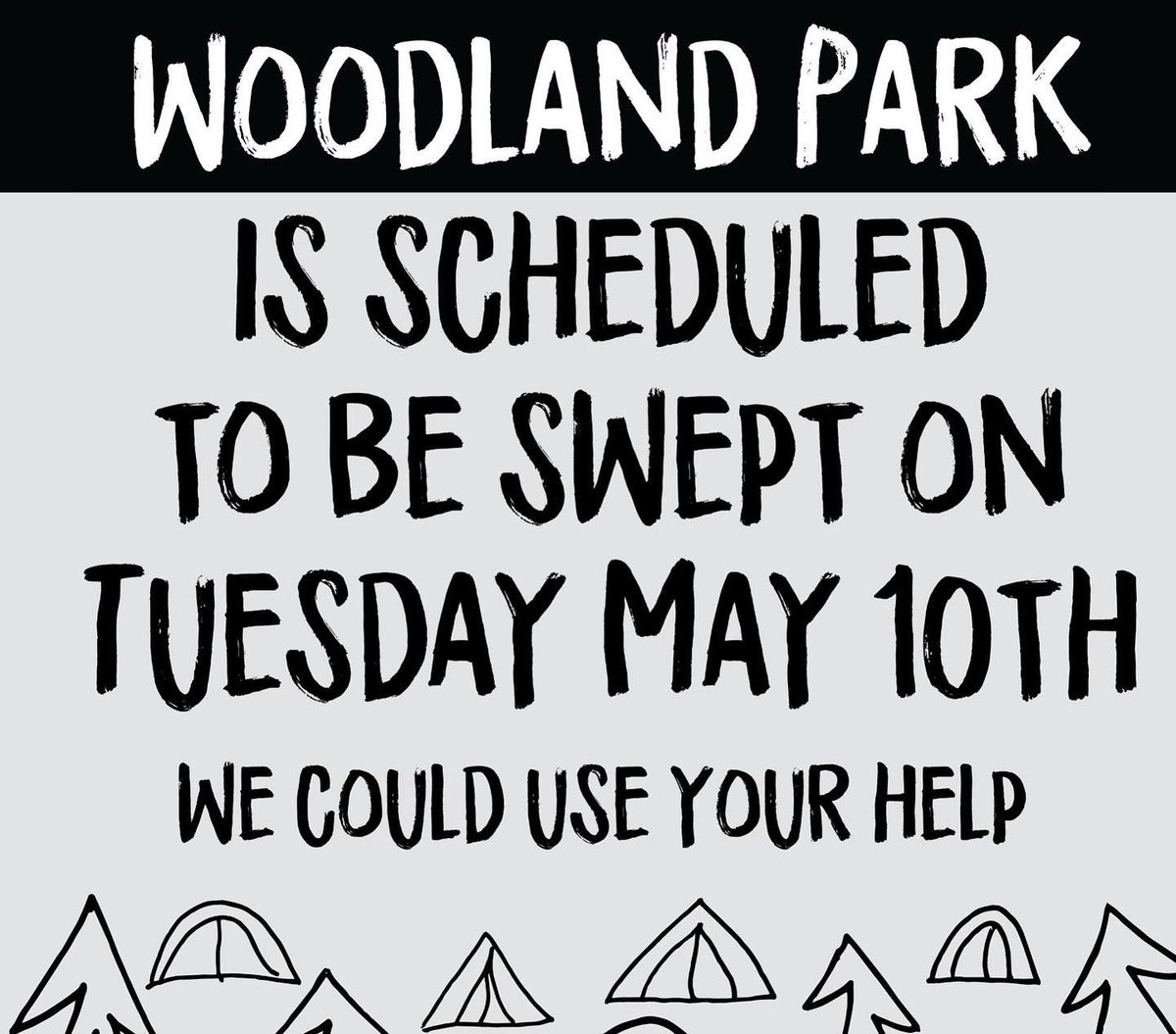 AWillAndAWaySEA's tweet photo. Woodland Parks’ community is being swept Tuesday 5/10. They’re one of the last larger communities in the North/Central Seattle area, and they need all the solidarity that they can get 🌲💚 https://t.co/hBR4NZxAy2