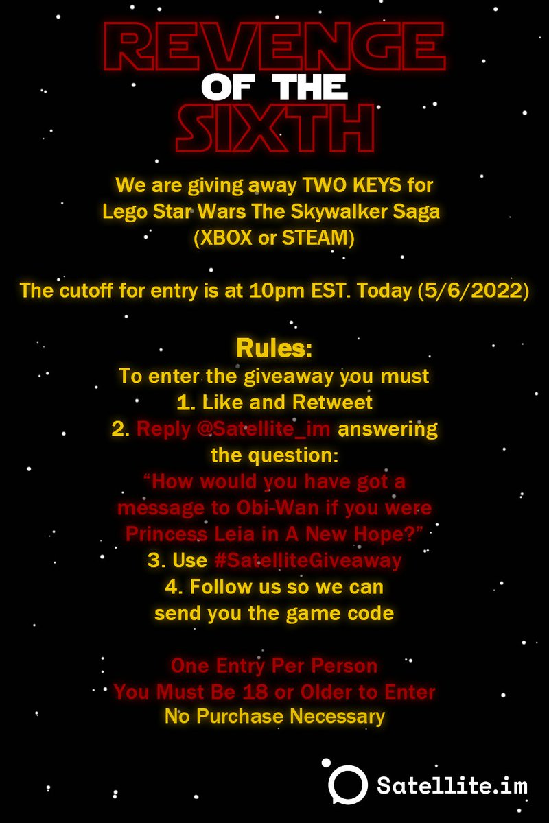For #revengeofthe6th, we are doing a giveaway of two Lego Star Wars The Skywalker Saga game keys (XBOX or STEAM). Read the rules in the image below to enter for a chance to win!