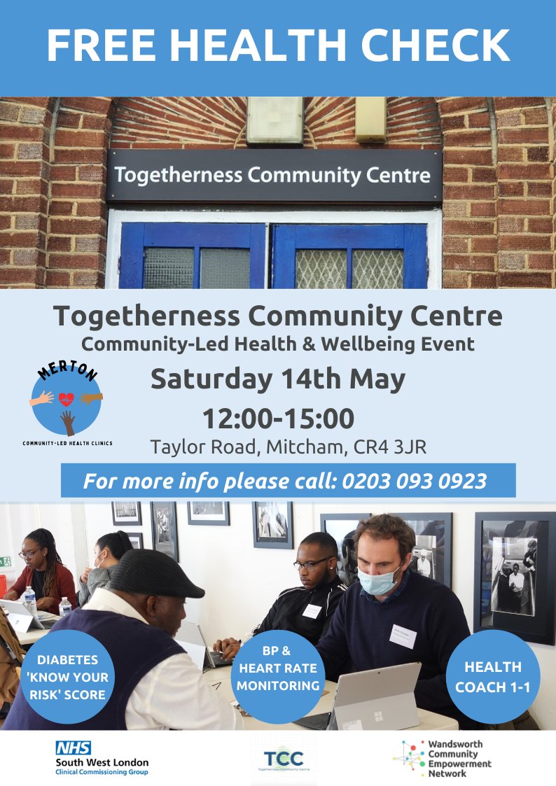 CEN (@wcenlondon) on Twitter photo 📢📢📢
Next Saturday 14th May, The Togetherness Community Centre in #Mitcham, in partnership with the <a href="/NHSCharities/">NHS Charities Together 💙</a>, are running a FREE health & wellbeing event. Come and get a locally led health check including blood pressure, diabetes score and a 1to1 with a health coach. 📢📢📢
Next Saturday 14th May, The Togetherness Community Centre in #Mitcham, in partnership with the <a href="/NHSCharities/">NHS Charities Together 💙</a>, are running a FREE health & wellbeing event. Come and get a locally led health check including blood pressure, diabetes score and a 1to1 with a health coach.