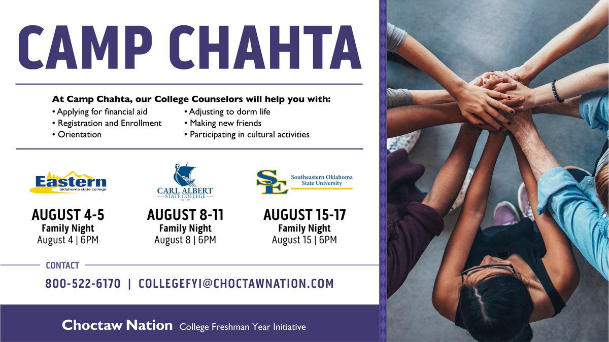 choctawnationOK's tweet photo. If you are a Choctaw tribal member who is entering college as a freshman this fall, let us help you get started! Camp Chahta is a great way to make new friends and receive assistance from our counselors. Contact a College FYI Counselor for registration at https://t.co/CgkjHnitOT. https://t.co/fjAWlyOJD1