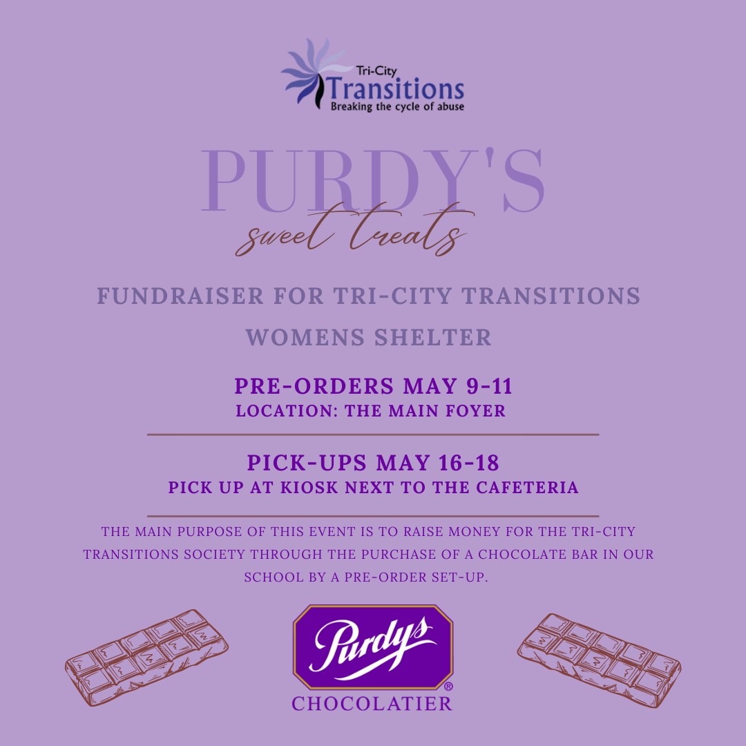 For ordering these Purdy's bars, you will be helping the Tri-city transition shelter aide families who experience abuse and intimate partner violence.

🍫 For $2 you will get one bar and for $5 you will get three bars!🍫