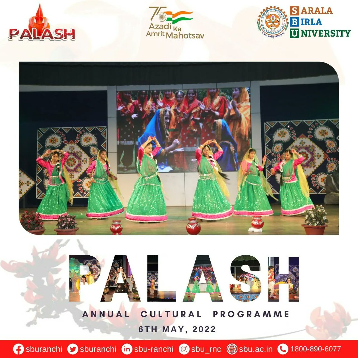 sburanchi's tweet photo. Sarala Birla University, Ranchi proudly organized today Intra University Annual Cultural Programme "Palash" on the theme 'Azadi ka Amrit Mahotsav' were students actively participated in many cultural events and activities with great zeal and enthusiasm.
#palash #AnnualProgramme https://t.co/ZhCrnma4Ig