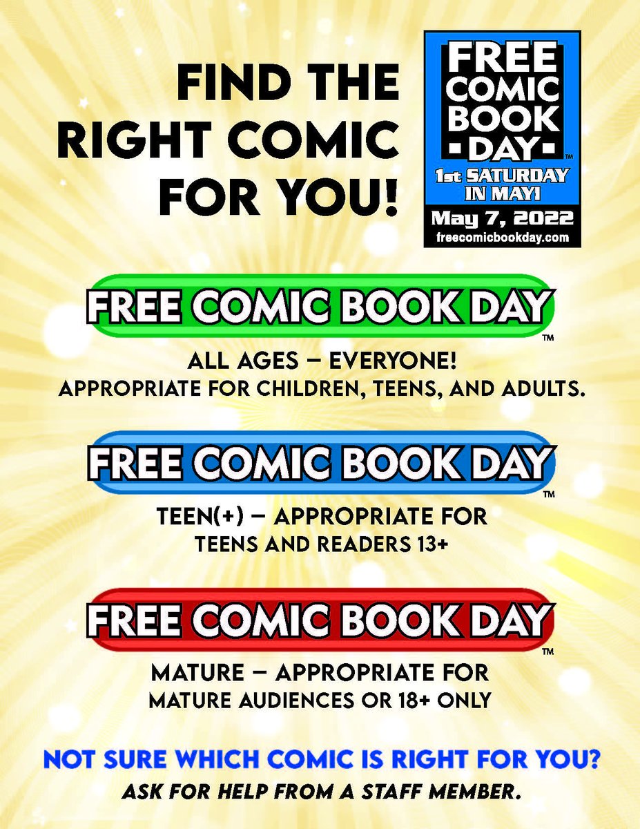 RubbCityComics's tweet photo. It's FREE COMIC BOOK DAY tomorrow plus our big MEGA SALE from 10:30 am to 7 pm. Find out which free comics are appropriate for your family, check out this color chart below. See you tomorrow at Rubber City Comics downtown Akron!
#fcbd2022 #akron #canton #cleveland #localcomicshop https://t.co/KgKZODPdcV