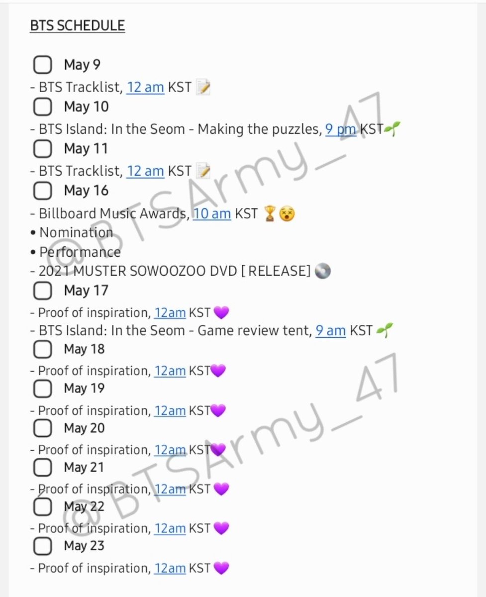 BTSArmy_47's tweet photo. [NEW SCHEDULE UPDATE]
BTS UPCOMING SCHEDULES &amp; EVENTS 2022 (May 9- June 22) 📅

* New events/content might be added 💜

BTS COMEBACK 😭🔥👏

#InTheSeom #BTSMUSTER #BBMAs #BTS_Proof #YetToCome #BTSCOMEBACK2022 #BTSISCOMING #BTS #방탄소년단 #BTSARMY @BTS_twt https://t.co/BJiW2SfRMq