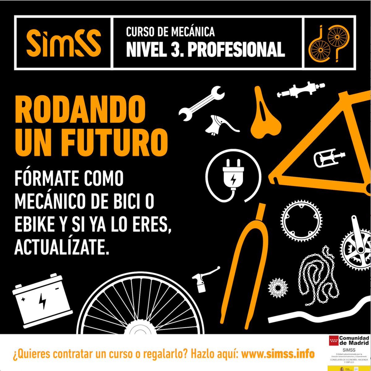 ¡OJO! Del 16 al 27 de mayo, vuelven a SIMSS los cursos profesionales de mecánica de bicicletas. Una oportunidad única para labrarte un futuro en lo que te apasiona. Información e inscripciones, en simss.info/producto/curso…. ¡Compártelo con quien creas que pueda estar interesado!