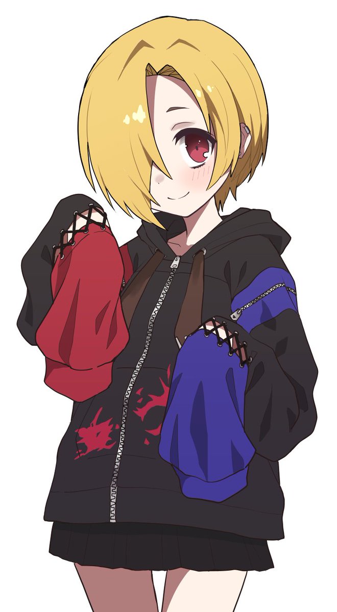 shirasaka koume 1girl solo blonde hair hood hair over one eye hoodie white background  illustration images