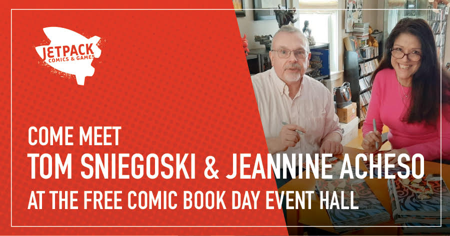 Don't miss <a href="/TomSniegoski/">Thomas Sniegoski</a> &amp; <a href="/JeannineAcheso3/">Jeannine Acheson</a> at tomorrows FREE COMIC BOOK DAY FESTIVAL! 
Two awesome creators of books like Vampirella &amp; Pantha, and Atomic Frenchie! Super happy to have them back this year!