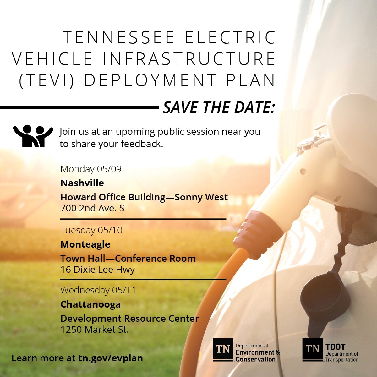 Join us next week at one of the meetings below 👇 and share your thoughts on the TN Electric Vehicle Infrastructure (TEVI) Deployment Plan. If you can't be in person take the survey at tn.gov/evplan