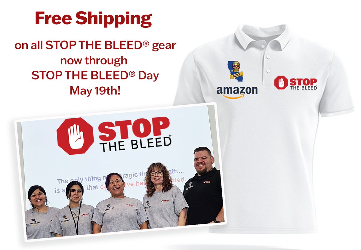 stopthebleedpro's tweet photo. Nothing says I'm STOP THE BLEED® proud like official STOP THE BLEED® branded gear. Motivate your team with co-branded shirts, hats and other gear items. Free shipping until May 19th, STOP THE BLEED® Day! Shop Now https://t.co/paig3pL94F #stopthebleed #savealife #stbd22 https://t.co/xDd4cRgwEY