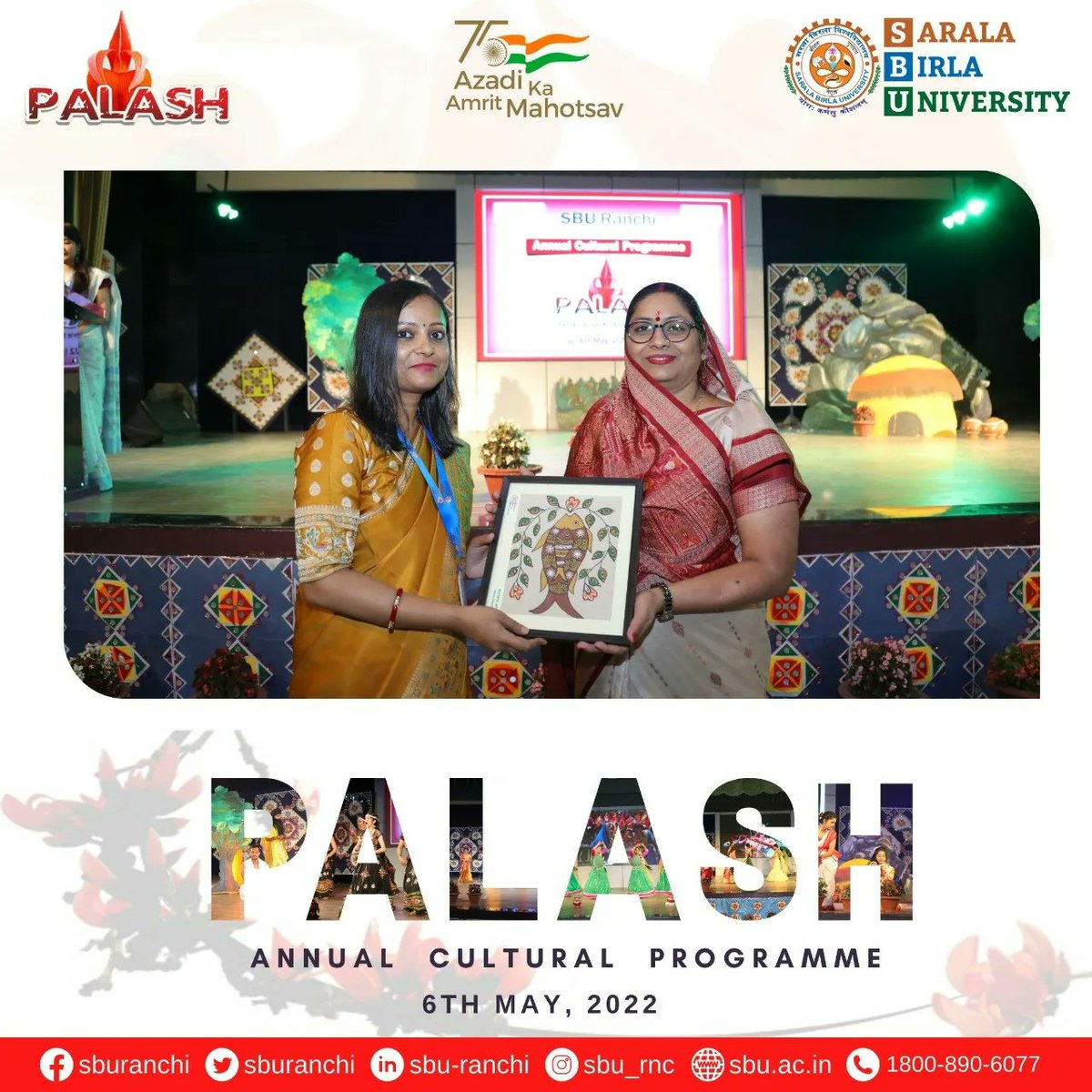 sburanchi's tweet photo. Sarala Birla University, Ranchi proudly organized today Intra University Annual Cultural Programme "Palash" on the theme 'Azadi ka Amrit Mahotsav' were students actively participated in many cultural events and activities with great zeal and enthusiasm.
#palash #AnnualProgramme https://t.co/SpyjI64e7c