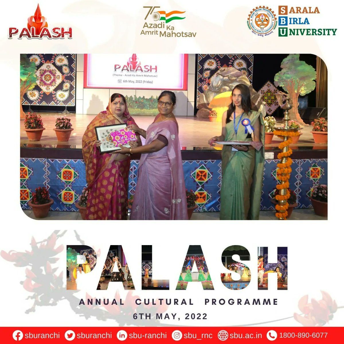 sburanchi's tweet photo. Sarala Birla University, Ranchi proudly organized today Intra University Annual Cultural Programme "Palash" on the theme 'Azadi ka Amrit Mahotsav' were students actively participated in many cultural events and activities with great zeal and enthusiasm.
#palash #AnnualProgramme https://t.co/SpyjI64e7c