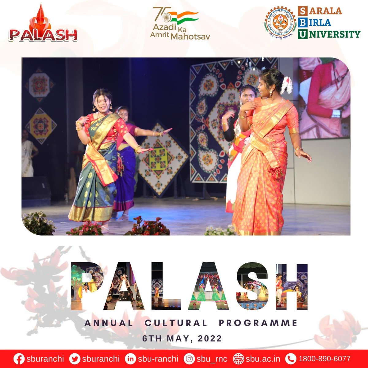 sburanchi's tweet photo. Sarala Birla University, Ranchi proudly organized today Intra University Annual Cultural Programme "Palash" on the theme 'Azadi ka Amrit Mahotsav' were students actively participated in many cultural events and activities with great zeal and enthusiasm.
#palash #AnnualProgramme https://t.co/kJl6q3YpsZ
