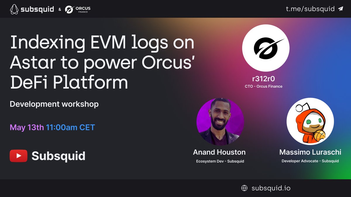 helloSQD's tweet photo. Did you know that with the #Subsquid framework, it's possible to build a backend for a #Dapp on @AstarNetwork in just a few hours? 

The guys at @Orcus_Finance did just that. 

Want to learn how? Join us on May 13th for a live coding workshop hosted by #SquidDev @RaekwonIII https://t.co/zp8fTjpnBE