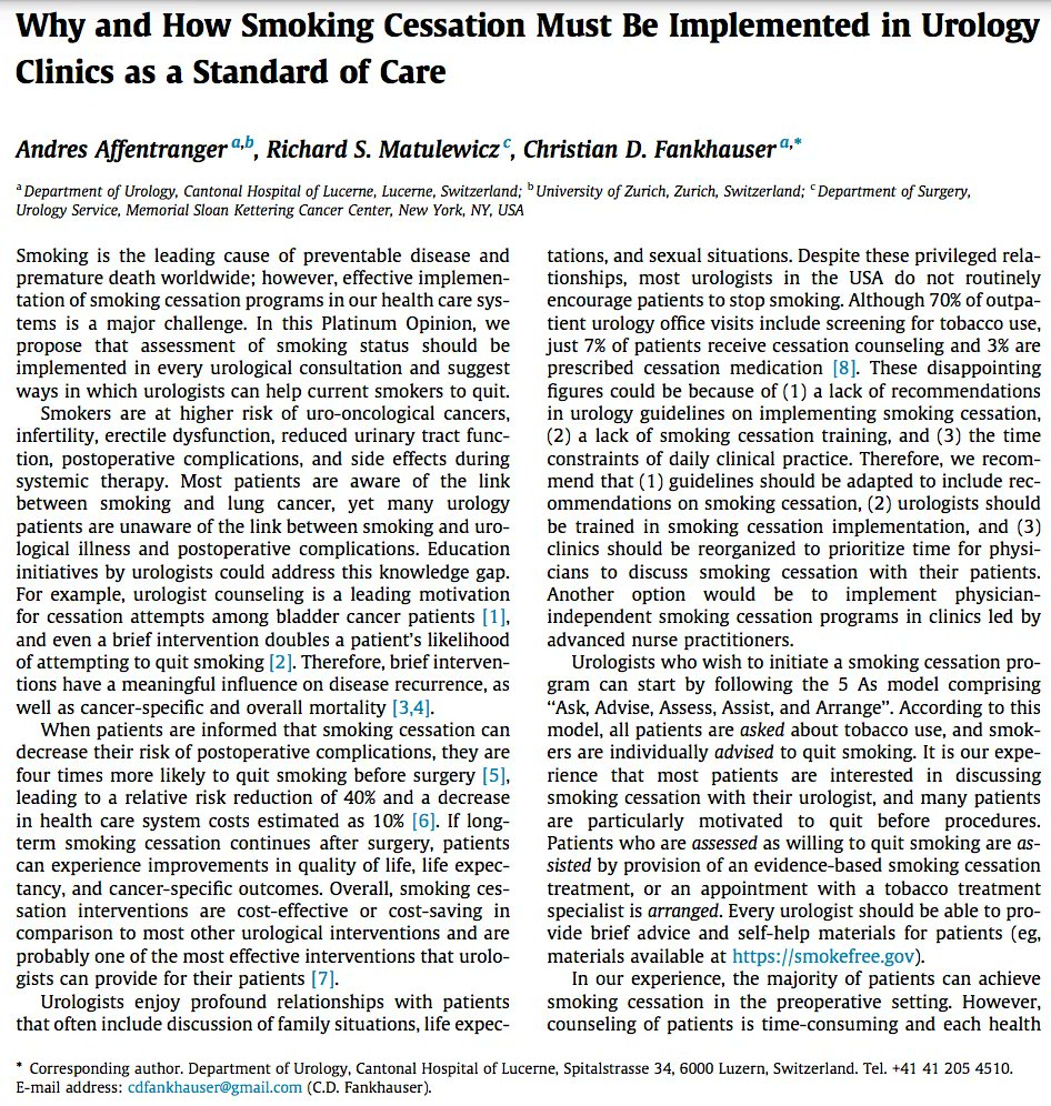 EUplatinum's tweet photo. New Platinum Opinion from Andres Affentranger @RichMatulewicz @CDFankhauser

Why and How Smoking Cessation Must Be Implemented in Urology Clinics as a Standard of Care

https://t.co/JJaOTO3oa6 https://t.co/E8iCvLHWjt
