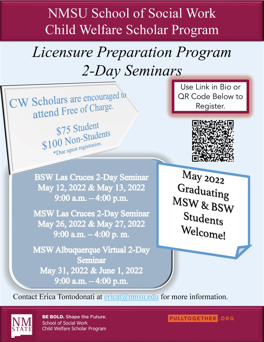 nmsu_cwsp's tweet photo. Are you a BSW or MSW student graduating in May? It's not too late to register for our 2-Day Licensing Preparation Seminars.

Email ericat@nmsu.edu for more information.

#MSW #BSW #NMSUSchoolofSocialWork #ASWB #CWSP https://t.co/Gw0VcsFK8Z