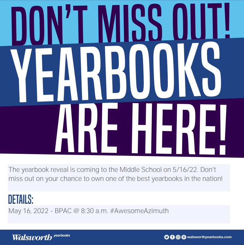 TBSjweb's tweet photo. The 2022 Azimuths have arrived! Don't miss the big yearbook reveal on May 16, 2022 in the BPAC! #TBS #AwsomeAzimuth #iloveyearbook https://t.co/b5AaD7Y2RL