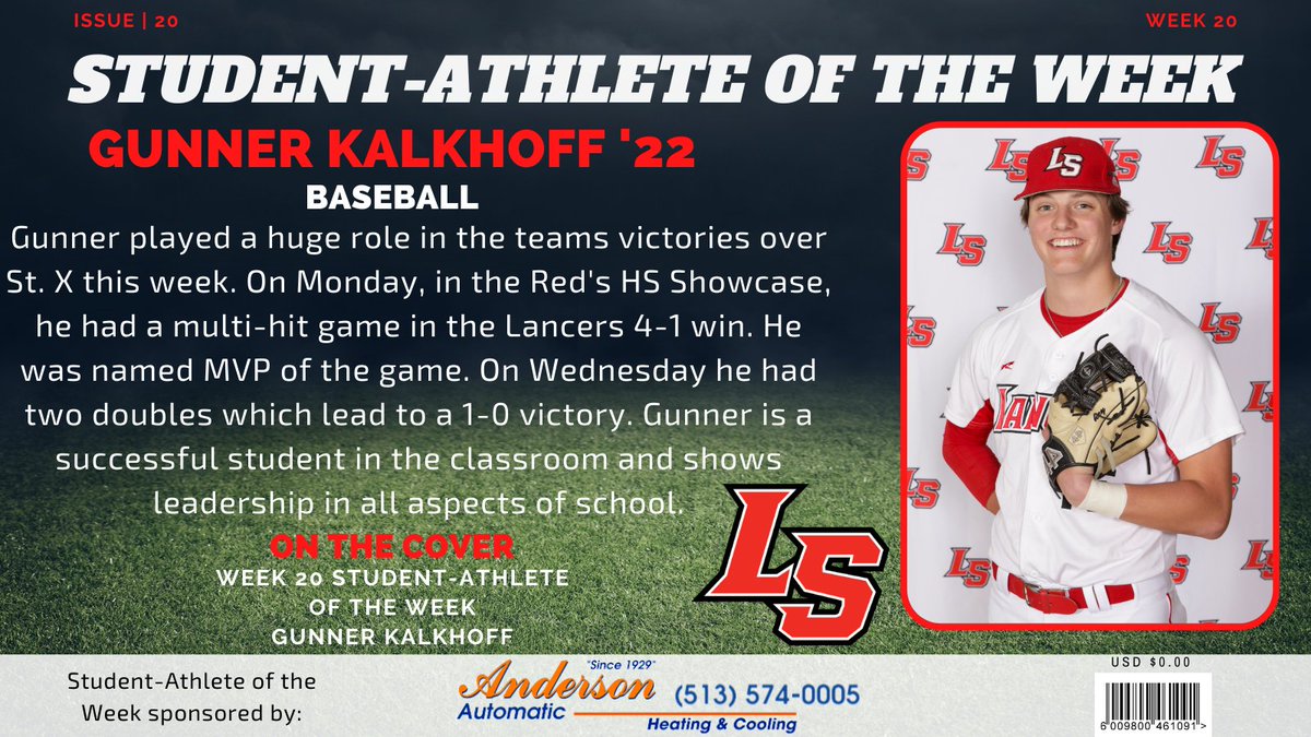 LS_LancerATH's tweet photo. Two big games this week calls for the student-athlete of the week award. Congratulations to Senior Gunner Kalkhoff for earning this weeks student-athlete of the week sponsored by Anderson Automatic Heating &amp; Cooling! @LaSallePride @LaSalleAlumni @lancersbsb https://t.co/MVrbVXNf0I