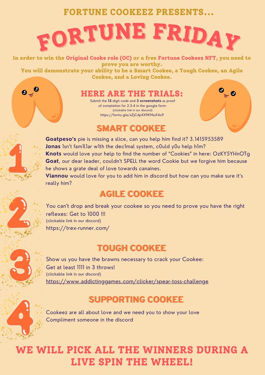 🎉🥠FORTUNE FRIDAY🥠🎉

Time ⏳: 1 week to submit your answers!

Prizes 🔥: 1 Free Mint and 15 OC roles

Winners: Picked randomly and LIVE next week!

How do you enter?: Links are in our discord! discord.gg/gNDMF62dgP

#Solana #NFTgiveaway #FreeNFT #upcomingNFTs #whitelist