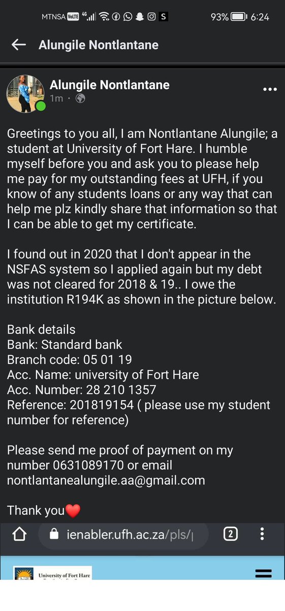 Alungile_99's tweet photo. Please help me pay my outstanding fees at University of Fort Hare 🙏 Bank details of the institution are on the pictures below.

#Londie #naledi
#ThembaOnShowmax #BloodSistersNetflix #Jada https://t.co/kOKNSOCrRC