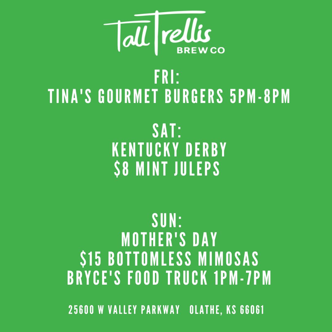 Tall Trellis Brew Co. (@talltrellis) on Twitter photo We made it to the weekend y’all and the sunshine 😎 is returning just in time! We have lots to celebrate so make plans to join us at <a href="/talltrellis/">Tall Trellis Brew Co.</a> over the next few days!!! We’ve started offering flatbreads, pretzels, nachos, etc…from our kitchen. Official menu launch next week. We made it to the weekend y’all and the sunshine 😎 is returning just in time! We have lots to celebrate so make plans to join us at <a href="/talltrellis/">Tall Trellis Brew Co.</a> over the next few days!!! We’ve started offering flatbreads, pretzels, nachos, etc…from our kitchen. Official menu launch next week.