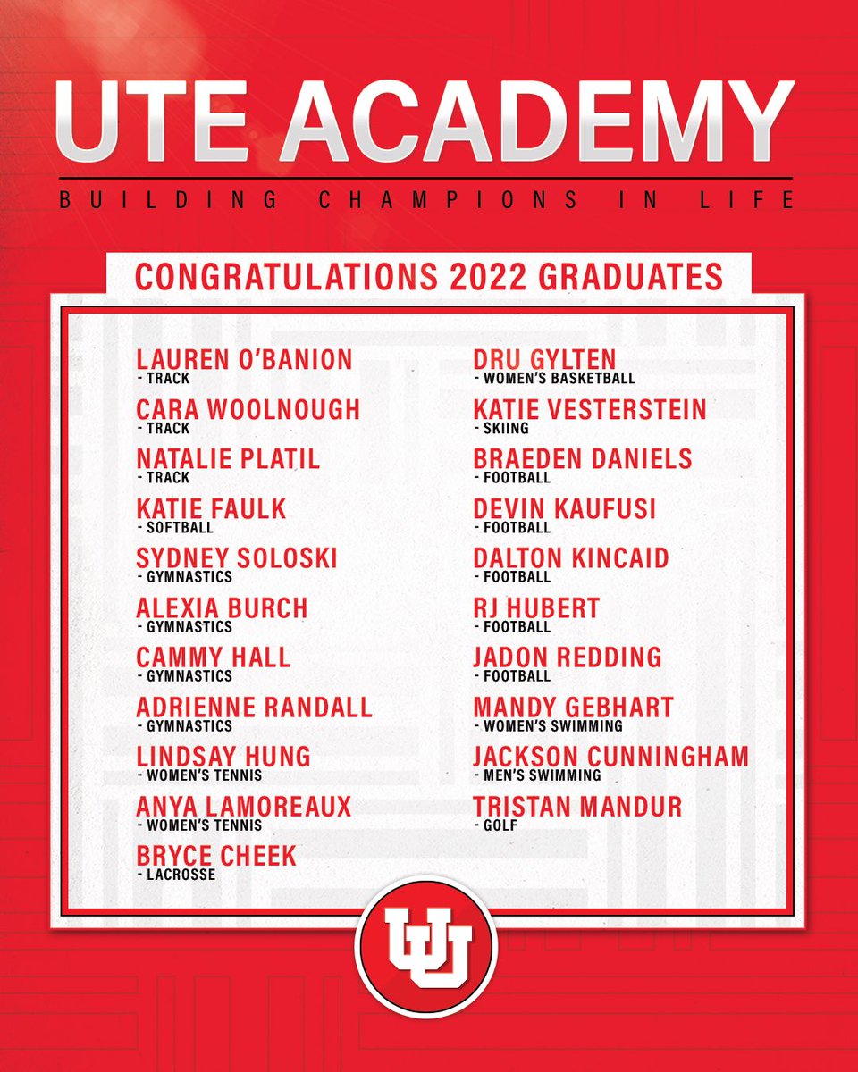 Ute Academy (@uteacademy) on Twitter photo Congratulations to our 2022 Ute Academy graduates! Thank you for all you’ve contributed to <a href="/utahathletics/">Utah Athletics</a> during your time as a Ute! Congratulations to our 2022 Ute Academy graduates! Thank you for all you’ve contributed to <a href="/utahathletics/">Utah Athletics</a> during your time as a Ute!
