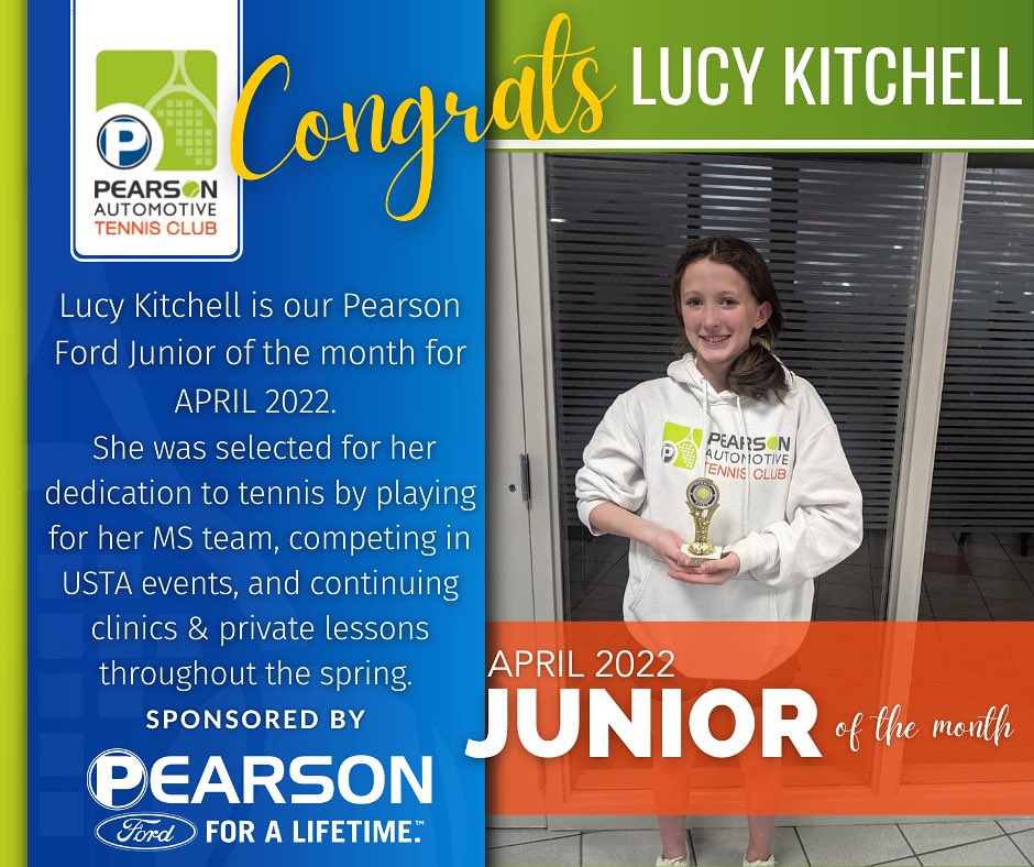 PearsonTennis's tweet photo. Lucy Kitchell is our Pearson Ford Junior of the Month for April. Well deserved for her commitment and growth in ๐พ๐พ.
Lucy is a joy to work with on & off the court. #PearsonFord #JunioroftheMonth #zionsvilletennis https://t.co/qhN6f6eb0A